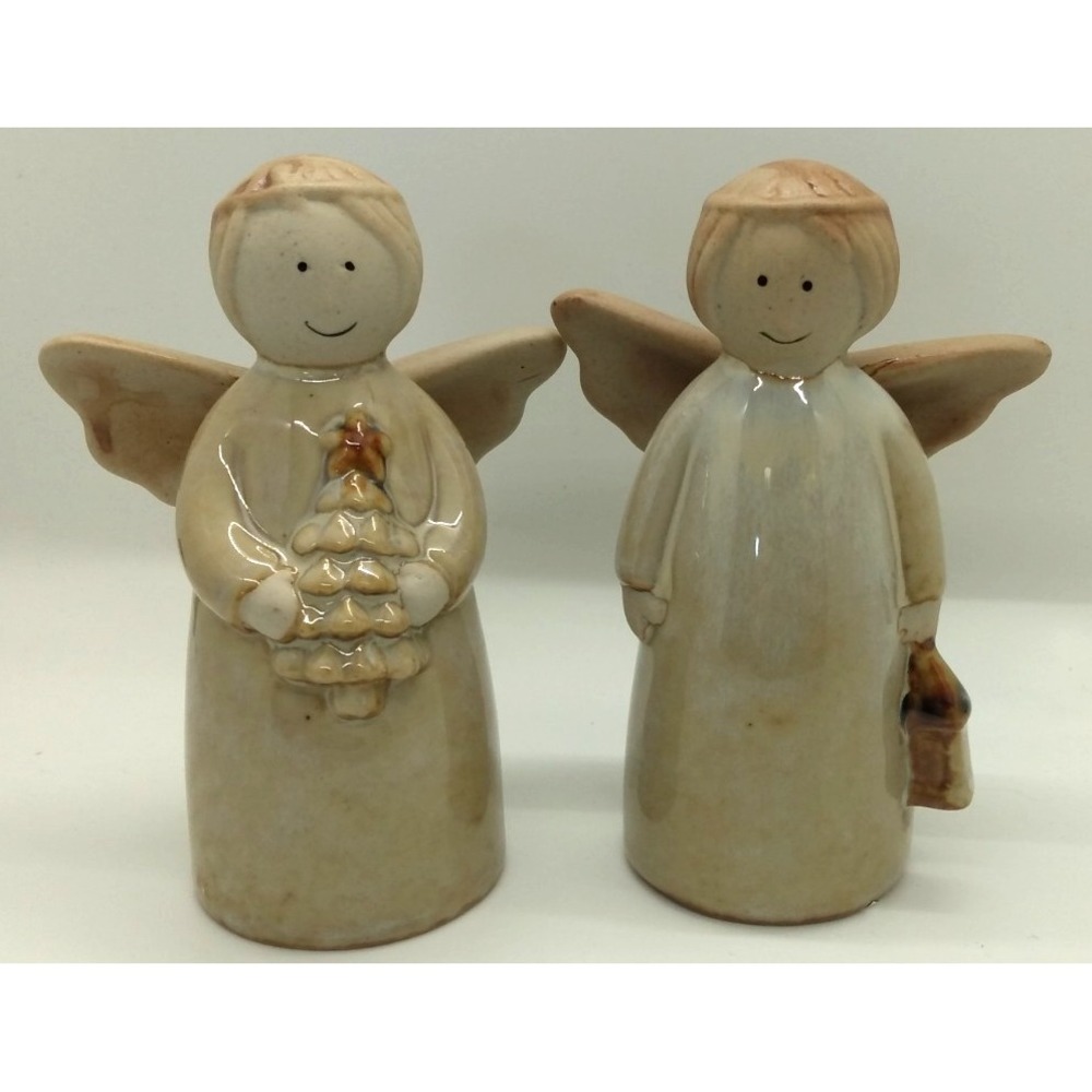 Earthenware Pottery ANGEL 2pc set Cottagecore Glazed Clay 5" Farmhouse Christmas